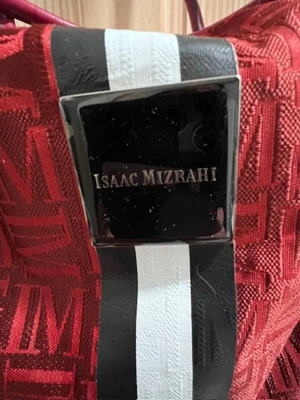 ISAAC MIZRAHI Red Tote duffle Bag Monogram Pattern Spacious w/Handles & Strap